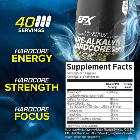 EFX Sports Kre-Alkalyn Hardcore | Thermogenic pH Correct Creatine Monohydrate Pill Supplement | Energy & Strength Pre Workout | 40 Servings, 120 C...