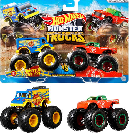 Hot Wheels Monster Trucks Toy Trucks 2-Pack, Demolition Doubles Set of 2 Vehicles in 1:64 Scale, for Kids & Collectors (Styles May Vary)...