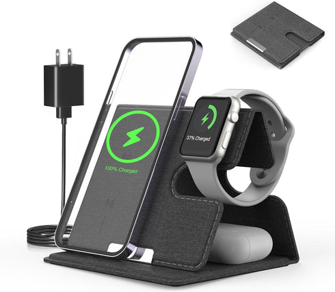 3 in 1 Wireless Charging Station for Multiple Devices, Foldable Travel Wireless Charger for iPhone 15 14 13 12 11 Pro Max IWatch 2-8 Series AirPod...