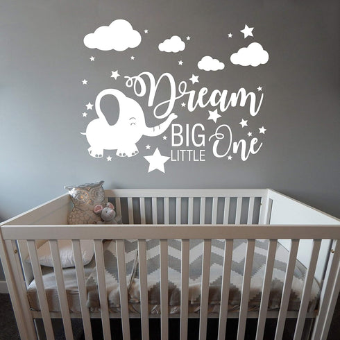 Elephant Nursery Wall Decal, Dream Big Little One Decal, Elephant Sticker, Baby Boy Girls Room Decor, Nursery Decals, Cloud and Star Nursery A42 (...