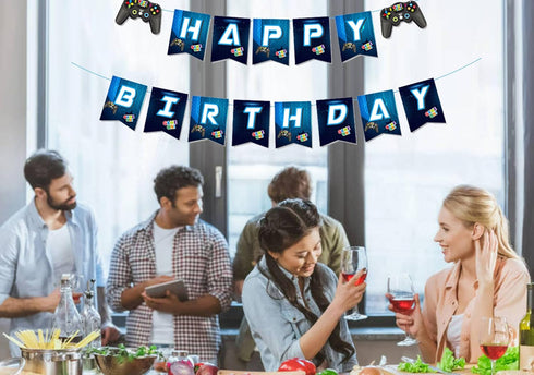 DIY Blue Video Game Happy Birthday Banner Game Theme Party Boys Player Party Decorations Supplies...