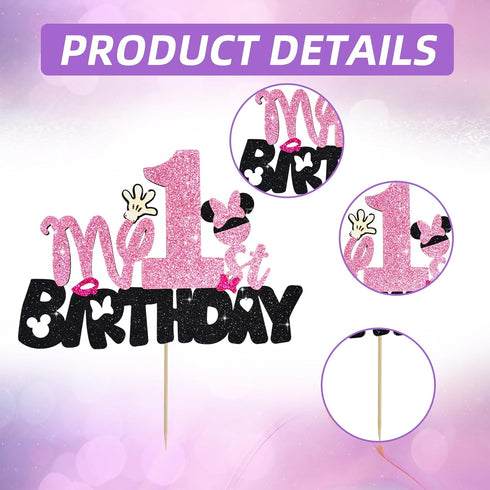 BEISHIDA Girls Cake Topper Mouse Cake Topper Mouse Birthday Party Decorations My 1st Birthday Pink and Black Mouse Birthday Party Supplies for Kid...