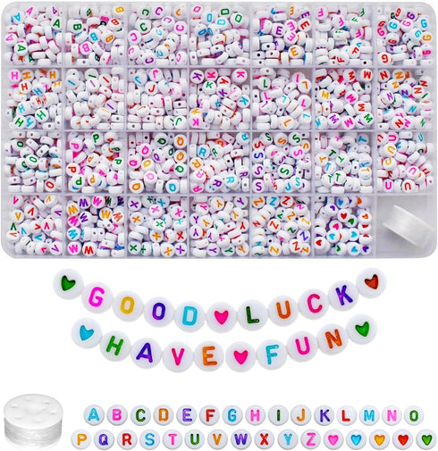 Amaney 1400 Pieces 4x7mm Alphabet Beads White Round Acrylic Colorful Letter Beads A-Z Heart Pattern Beads and Crystal Line for Jewelry Making Brac...