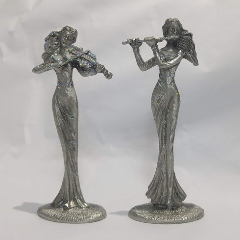 SEHAMANO Set of 2 Girls Playing Violin and Flute Figurine, Metal Sculpture Accent Piece, Ornament, Old-Fashioned Decorative Object for Home, Offic...