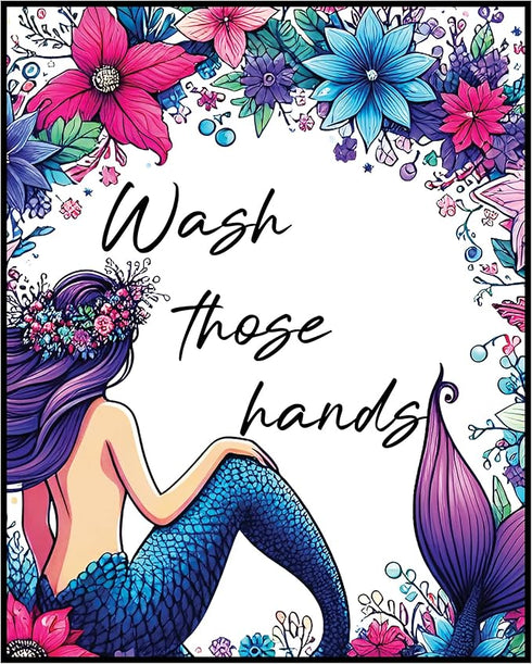 Posterizer 1 pcs-Wash Those Hands-Mermaid Floral Restroom Print-Kids Room Art-Fantasy & Fiction Art-Gift for Girls, Teens- Bathroom, restroom Deco...
