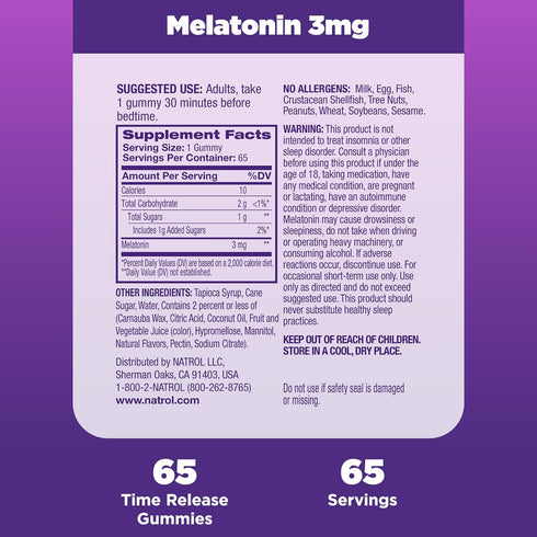 Natrol Time Release Melatonin 3 mg, Dietary Supplement for Restful Sleep, Sleep Gummies for Adults, 65 Strawberry-Flavored Melatonin Gummies, 65 D...