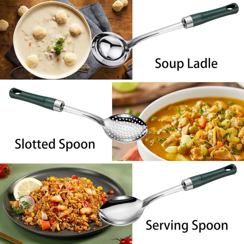 3-Piece 11-in Serving Spoons Set, Stainless Steel Cooking Spoons in Kitchen Large Buffet Serving Utensils Set, Easy to Clean, for Home Hotel Resta...