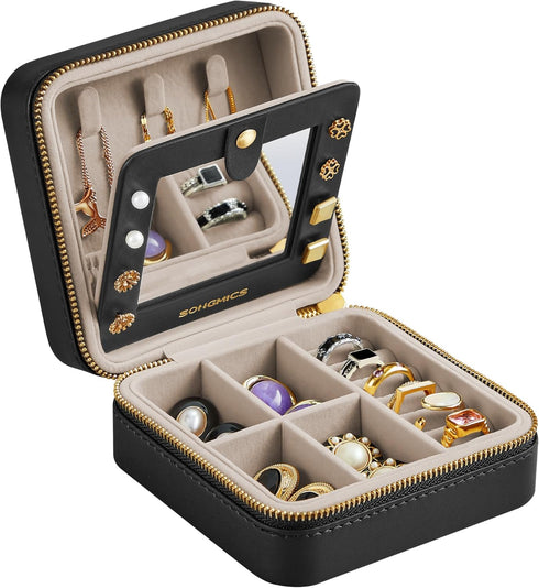 SONGMICS Jewelry Box, 4.5 x 4.5 x 2.2 Inches Travel Jewelry Box with Interior Mirror, PU Leather Jewelry Storage for Women, Small Jewelry Organize...
