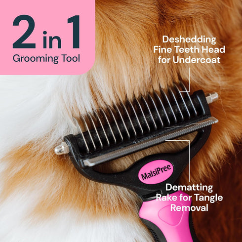 MalsiPree Pet Grooming Brush for Dogs/Cats, 2 in 1 Deshedding Tool & Dematting Undercoat Rake for Mats & Tangles Removing, Reduces Shedding by up ...