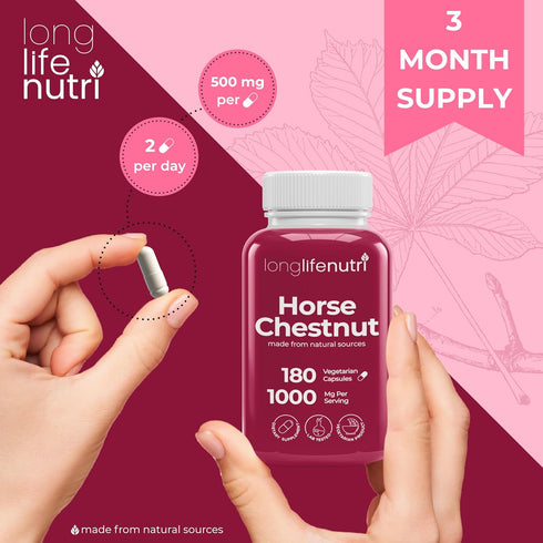 Horse Chestnut Extract 500mg - 180 Vegetarian Capsules, Organic Supplement for Daily Wellness & Circulation, 3-Month Supply, GMP Certified, Made i...