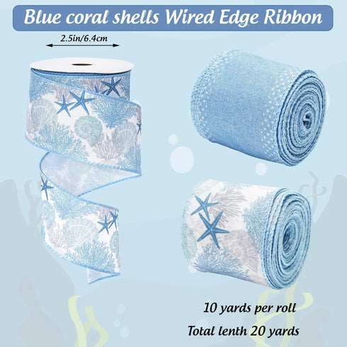 Blue Coral Starfish Wired Edge Ribbon Ocean Sea Craft Ribbon Summer Fabric Ribbon for Wreath Bow Making DIY Crafts Wrapping Party Decor, 2 Rolls, ...