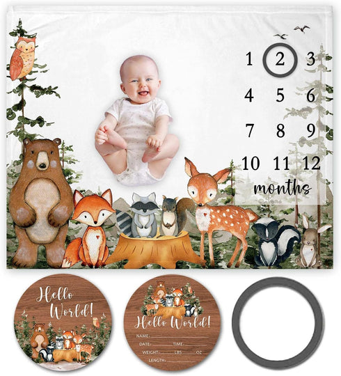 Woodland Baby Milestone Blanket with Birth Stat Sign, Forest Baby Growth Chart Monthly Blanket, Watch Me Grow Woodland Animals Baby Nursery for Ne...