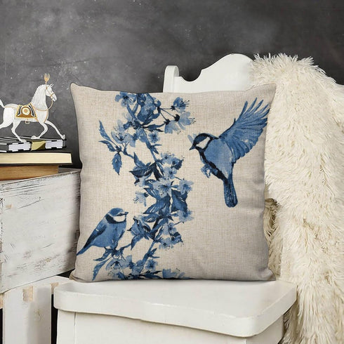 Chinoiserie Pillow Cover Blue Cherry Blossom and Birds Cotton Linen Decorative Throw Pillow Case Cushion Cover for Bedroom Sofa Living Room Couch ...