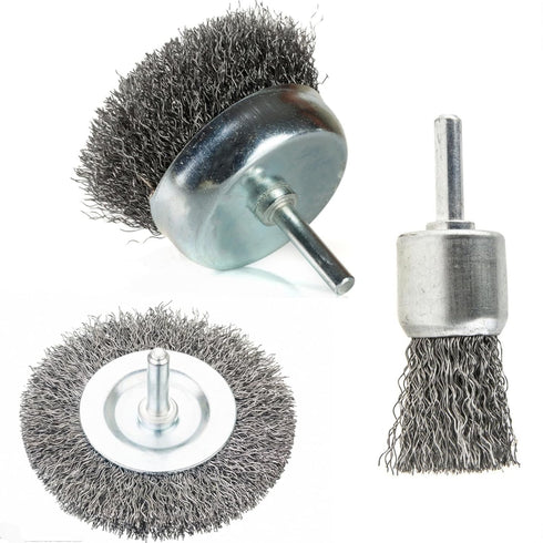 3pcs Carbon Steel Wire Brush Set for Drill - 2'' Abrasive Wire Cup Brush, Wheel Brush, 1'' Pen Brush with 1/4 Inch Round Shank - Crimped Steel Bru...