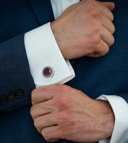 Red Crystal Gemstone Cufflinks for Men Lady In Gift Case Silver Round Men's Cufflinks Jewelry Set for Wedding Anniversary Business Party Events Tu...