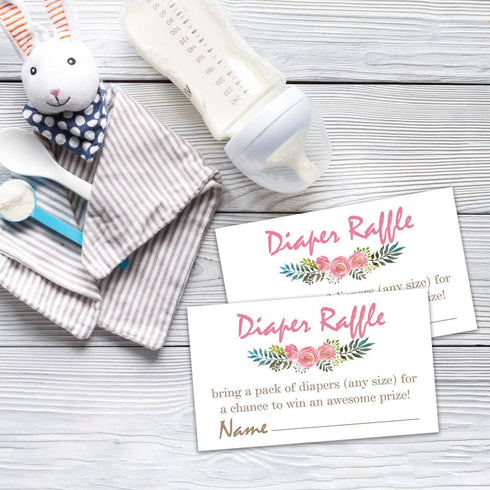 Pink Flowers Diaper Raffle Tickets for Baby Shower Invitation Inserts - 50 Baby Shower Game Cards....