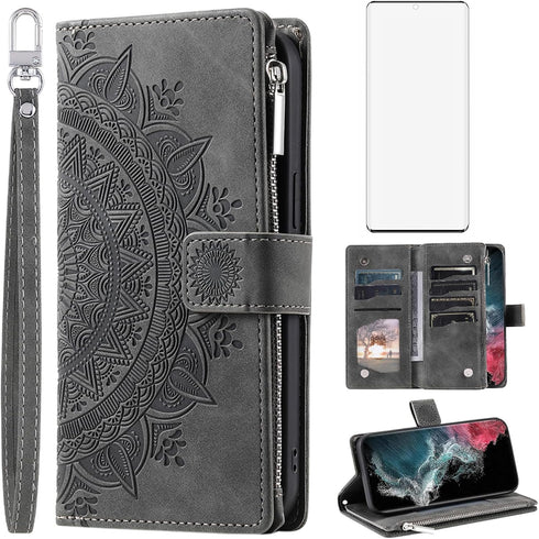 Asuwish Phone Case for Samsung Galaxy S22 Ultra 5G Wallet Cover with Tempered Glass Screen Protector Wrist Strap Mandala Flower Flip Zipper Card H...