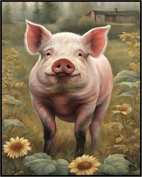 Posterizer 1 pcs- Cute pig in the middle of wild yellow flowers-Art for Animal Lovers-Floral Botanical Art- Gift for Men Women Teens-Living Room B...