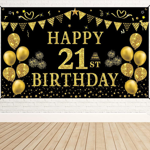 Trgowaul 21st Birthday Decorations for her him, Men Women Black Gold 21st Birthday Backdrop Banner, 21 Years Old Party Supplies Photography Backgr...