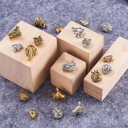 Fashewelry 48pcs Animal Tibetan Loose Spacer Beads Mixed Wolf Lion Owl Elephant Leopard Dragon Head Alloy Beads for Necklace Bracelet Earring Craf...
