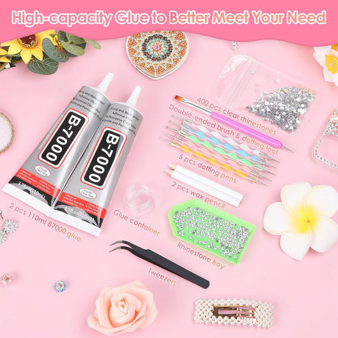 2 x 110ML B7000 Rhinestone Glue with Clear Rhinestone Kit, B-7000 Glue with Flatback Gems Crystal Rhinestones Jewelry Making Tools for Clothes Tum...