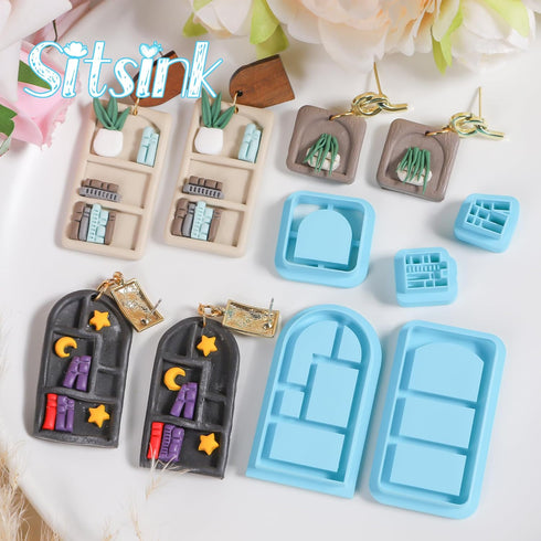 Sitsink Bookshelf Polymer Clay Cutters - 14 Pcs Bookcase Dangle Clay Cutters for Polymer Clay Earrings, Mini Potted Plant Clay Earring Cutters, 3D...