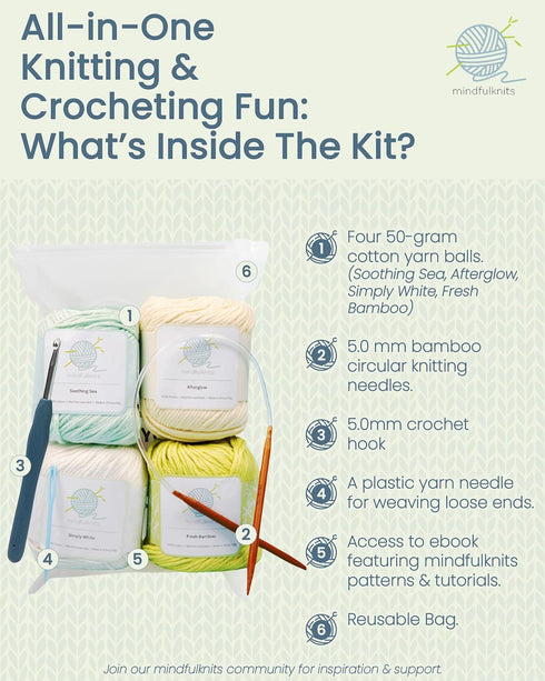 mindfulknits Knitting Kit for Beginners Adults with Knitting Needles, Yarn Needle & 100% Cotton Knitting Yarn (4) – Make Washcloths - Zen Basic Kn...