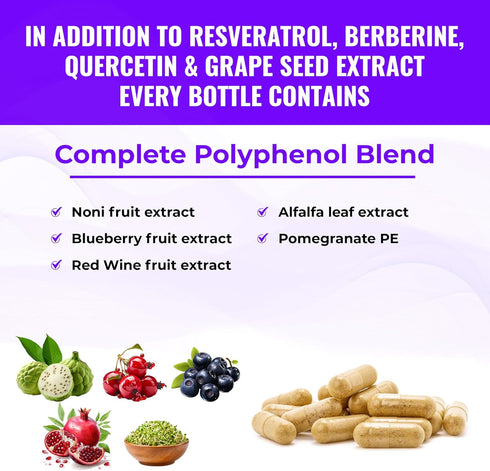 6500mg Resveratrol Supplement with Quercetin 4500mg, Berberine 3200mg, Grape Seed Extract 3600mg & Polyphenol Blend for Skin Health, Immune Suppor...