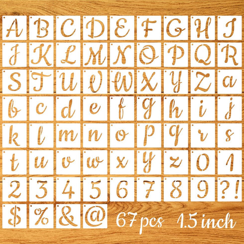 1.5 Inch Letter Symbol Stencils for Painting on Wood, 67 Pcs Calligraphy Letters Numbers Signs Drawing Templates Stencils Reusable Cursive Letteri...