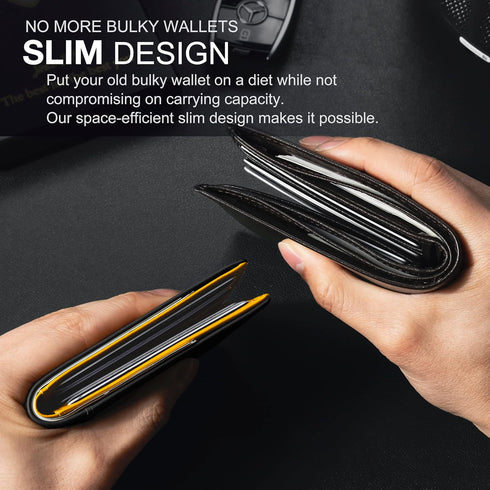 GSOIAX Mens Slim Wallet for Men Minimalist Genuine Leather Carbon Fiber Rfid Blocking Bifold Credit Card Holder With Gift Box (Yellow and Carbon B...