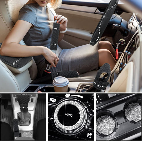 10 Pcs Bling Car Accessories Set for Women Girl Rhinestones Leather Accessories Bling Steering Wheel Cover Armrest Cover Gear Shift Cover Seat Bel...