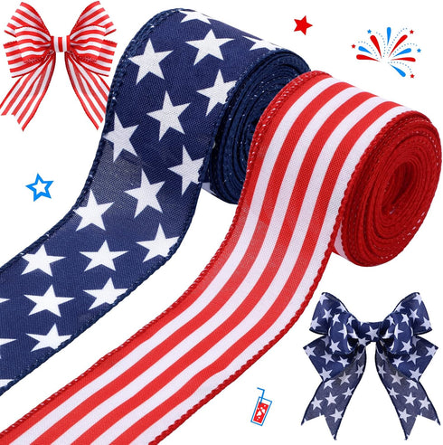 2 Rolls 20 Yard Red White and Blue Ribbon Patriotic Star and Striped Wired Ribbon Royal Blue USA Ribbon DIY Crafts for 4th of July, Independence D...