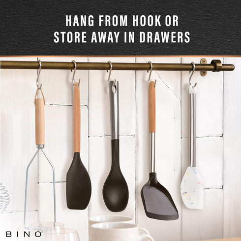 BINO 2-Piece Wooden Handle Silicone Mixing Spoons & Spatulas Set - Black | Heat Resistant Kitchen Utensils for Nonstick Cookware | BPA Free | Cook...