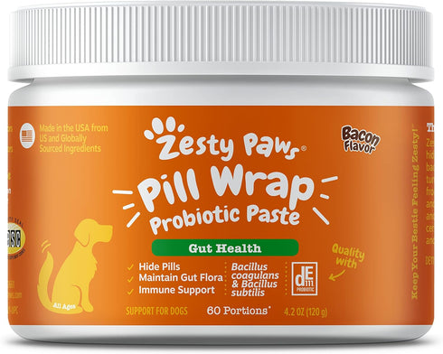 Zesty Paws Pill Wrap Probiotic Paste for Dogs - Immune & Digestive System Support - Bacon Flavor - with DE111 Bacillus subtilis - Pockets Any Pill...