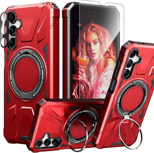 Galaxy A15 5G Phone Case with Screen Protector+360°Ring Holder Stand+Camera Lens Protector,Dual Layer Protective Sturdy Magnetic Heavy Duty Protec...