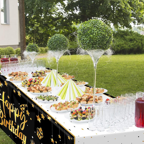 Ruisita 2 Pack Black Gold Table Cloth Cover Happy Birthday Tablecloth Party Tablecloths Rectangular Table Cloth Cover for Indoor or Outdoor Partie...