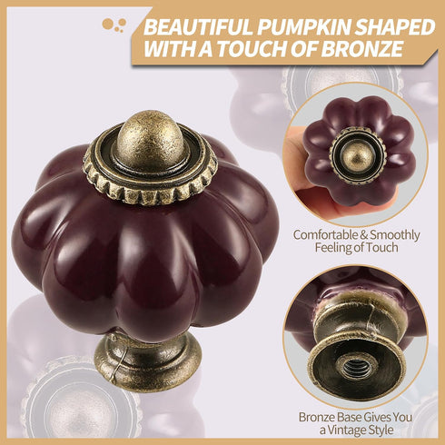 Deep Purple Ceramic Knobs 12 Pack - Pumpkin Cabinet Knobs Retro Dresser Knobs - Vintage Drawer Pulls with Screws for Closet Drawer Cupboard Cabine...