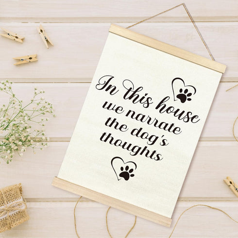 TAEDIN Dog Wall Art Poster Hanger Frame, Dog Signs Lovers Wood Wooden Canvas Artwork Print, In This House We Narrate the Dog's Thoughts Painting f...