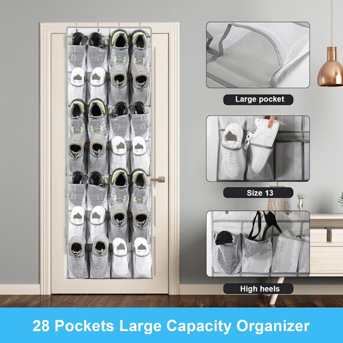 Over the Door Shoe Organizers 28 Mesh Pockets Hanging Shoes Organizer Shoe Rack for Closet Entryway Bedroom Bathroom Pantry Shoe Holder for Men Sn...