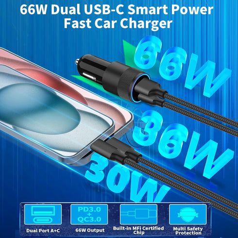 USB-C Car Charger Fast Charging Adapter, Rombica 2Pack 66W Type-C PD&QC3.0 Power Cigarette Lighter USB Car Charger for iPhone 15/15 Pro/15 Pro Max...