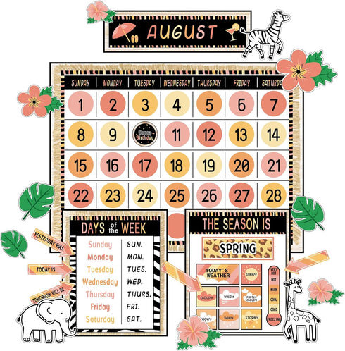Safari Jungle Animal Calendar Bulletin Board Set Simply CTP Bulletin Board Calendar Seasons Weather Chart Animal Classroom Decoration with Season,...