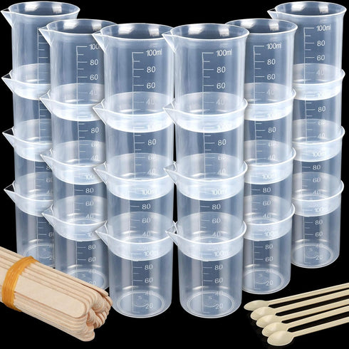 LEOBRO 24 PCS 100ml Resin Measuring Cups with 35PCS Mixing Sticks, Graduated Epoxy Resin Mixing Cups, Small Plastic Beakers, Plastic Measuring Cup...