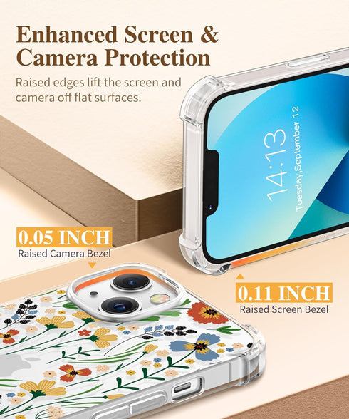 GVIEWIN Designed for iPhone 13 Case 6.1 Inch, with Tempered Glass Screen Protector + Camera Lens Protector Clear Flower Soft & Flexible Shockproof...