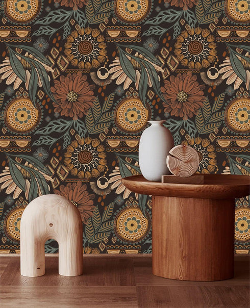 HAOKHOME 93291 Wallpaper Peel and Stick Floral Boho Brown/PeachPuff/Green Retro Wall Decor Bathroom Removable Mural 17.7in x 9.8ft...