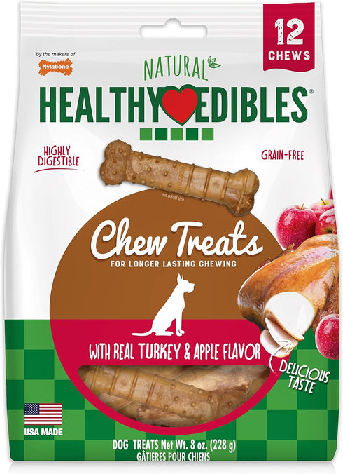 Nylabone Healthy Edibles Natural Dog Chews Long Lasting Chew Treats for Dogs, Turkey & Apple Flavor, X-Small/Petite (12 Count)...