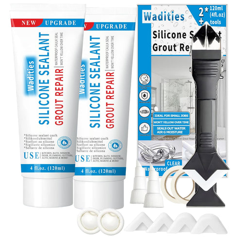 8Oz Clear Waterproof Caulk & Seal Silicone Sealant, Wadities Tile Grout Repair Kit with Grout Remove Scraper, Shrink & Crack Proof for Bathroom, S...