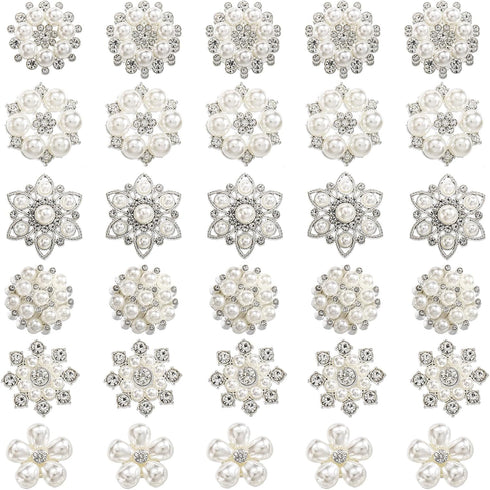 Frcctre 30 Pack Pearl Rhinestone Buttons, 6 Styles Embellishments Button Faux Pearl Button, Flat Back Flower Crystal Buttons for DIY Craft Jewelry...
