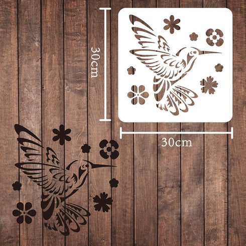 FINGERINSPIRE Hummingbird Stencil Decoration Template 11.8x11.8 inch Plastic Bird Flower Drawing Painting Stencil Square Reusable Stencils for Cre...