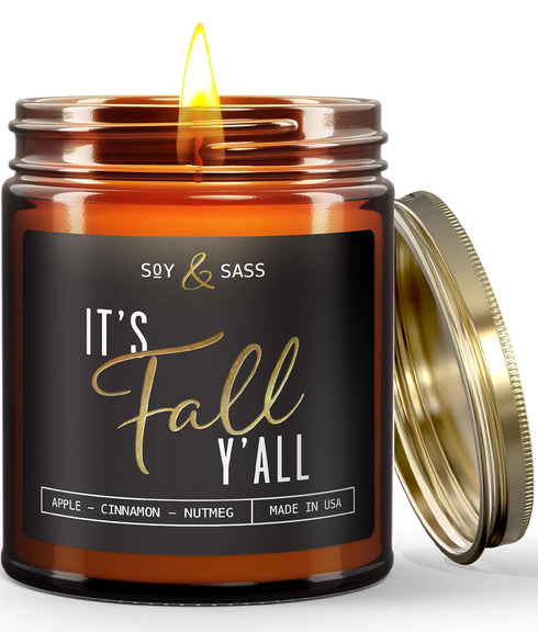 Fall Candles - 'It's Fall Yall' Fall Candle w/Apple Cinnamon & Nutmeg I Infused with Essential Oils I Autumn Fall Scented Candles I Cozy Cute Fall...