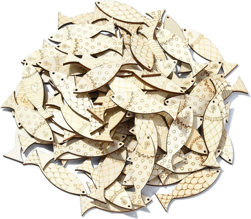 Ipotkitt 100 Pcs Random Undyed Wooden Fish Charms Old Lace Sea Animal Cutouts Unfinished Wood Summer Pieces for DIY Craft Supplies Keychain Home P...